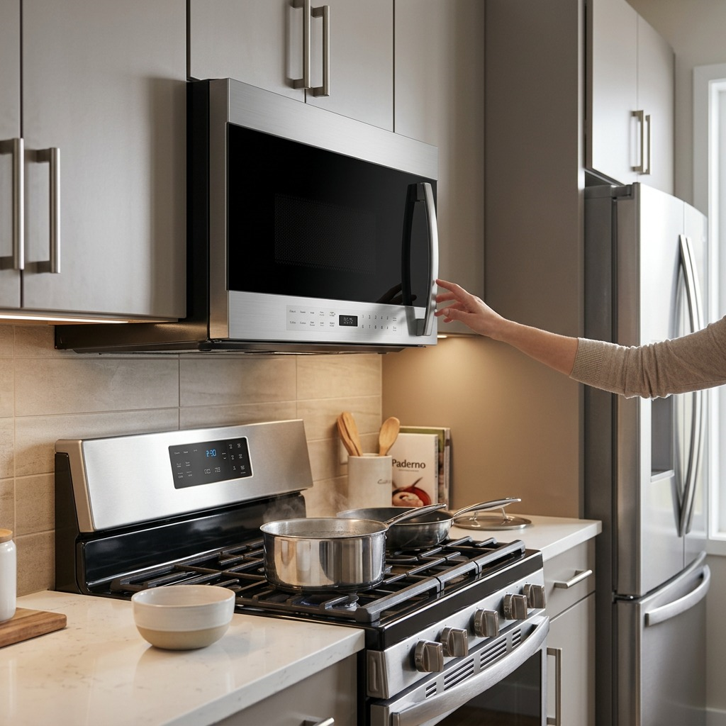 A lifestyle photograph of the Sharp SMO1461GS microwave installed in a modern kitchen setting.