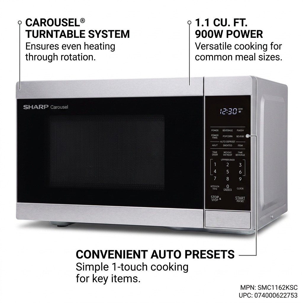 A 3/4 front view of the SHARP SMC1162KSC microwave showing callouts for Carousel turntable, 1.1 cu. ft. capacity, and auto presets.