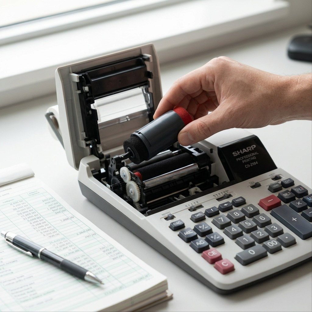 Lifestyle image of the EA772R ink roller being installed into a standard SHARP calculator.