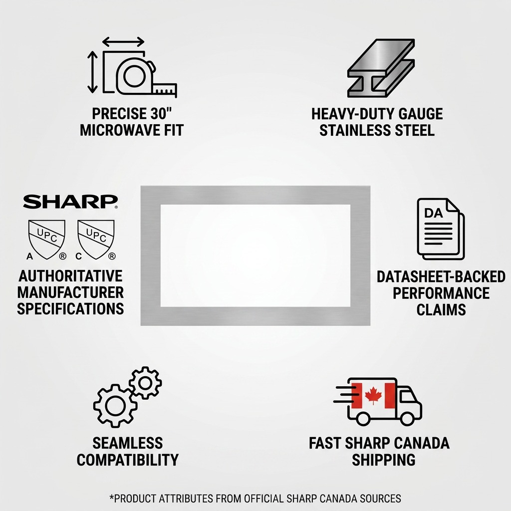 Infographic for Sharp SKM226430LS microwave trim kit showing icons for performance claims and specifications.