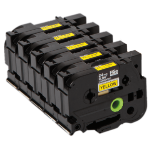 Brother HGE6515 Pack Black on Yellow HGe 24 mm Tape with Standard Adhesive, 8 m 5-pack