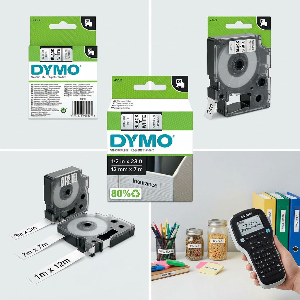 Dymo D1 Standard Labels - Black on White, 1/2" x 23'