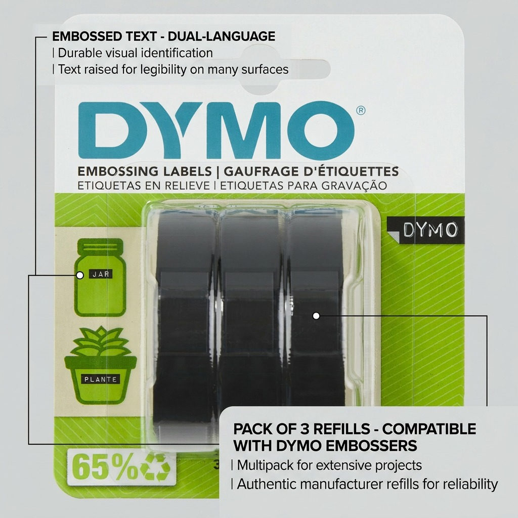 Dymo Self-Adhesive Embossing Labels - White on Black, 3/8" x 9.8', 3 Pack