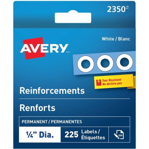 Avery White Reinforcement Labels ¼" Diameter, White, Permanent