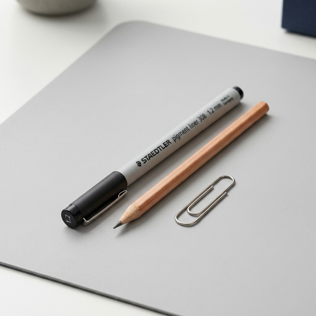 A scale reference image showing the STAEDTLER Fineliner pen next to a common pencil and standard paper clip.