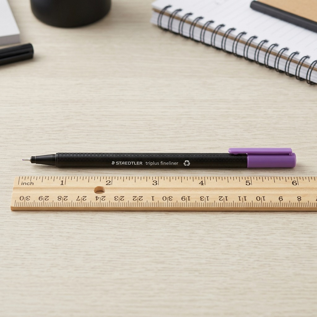 A close-up shot of the purple-capped Staedtler Triplus fineliner pen resting parallel to a standard 6-inch wooden ruler, demonstrating its scaled size.